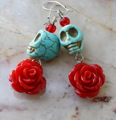 Day of the Dead Dia de los Muertos Frida Kahlo Señorita Red Rose Turquoise Skull Dangle Hypoallergenic Earrings