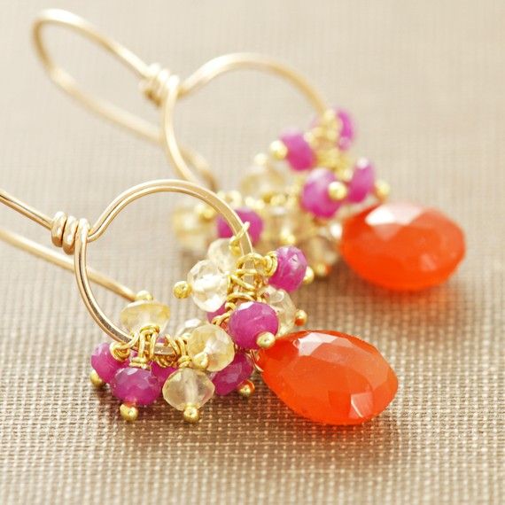 carnelian, pink sapphire and citrine handmade earrings in 14k gold fill.. fruit PUNCH. loves