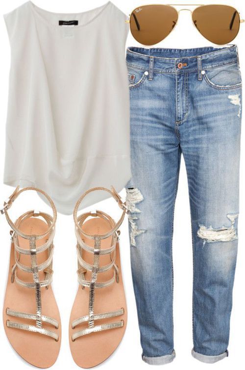 9. Go very simple and casual by wearing a simple white tee, sandals, and aviators. This is a great summer look. how to wear boyfriend jeans