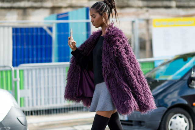 thihg high boots grey and black grey mini skirt furry jacket colored fur purple paris fashion week street style fall fashion elle 640x426