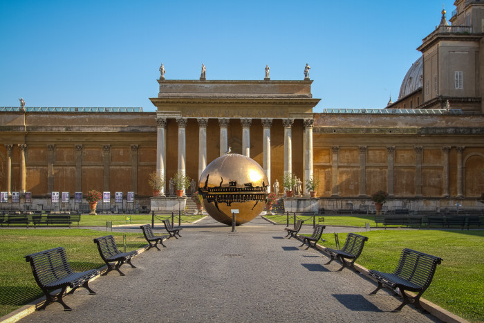 Sphere within a Sphere by Arnaldo Pomodoro in Cortile del Belvedere at the Vatican Museum 700x467