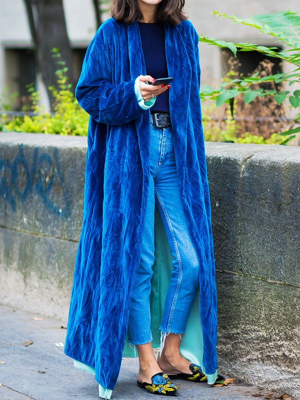 How to wear velvet: blue oversized coat