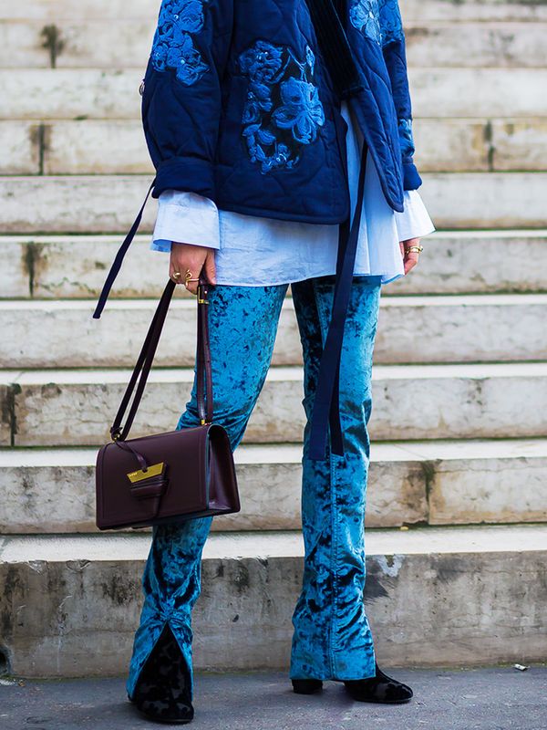 How to wear velvet: Blue velvet trousers