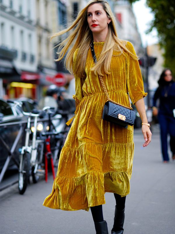 How to wear velvet: yellow dress