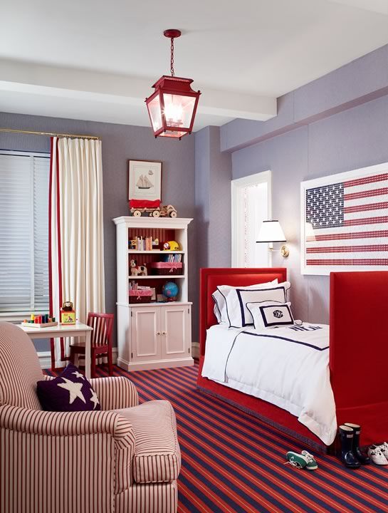 boy's rooms - blue walls red twin bed white red monogrammed bedding red blue striped rug red lantern pendant red white striped chair white cotton drapes red ribbon trim white bookcase