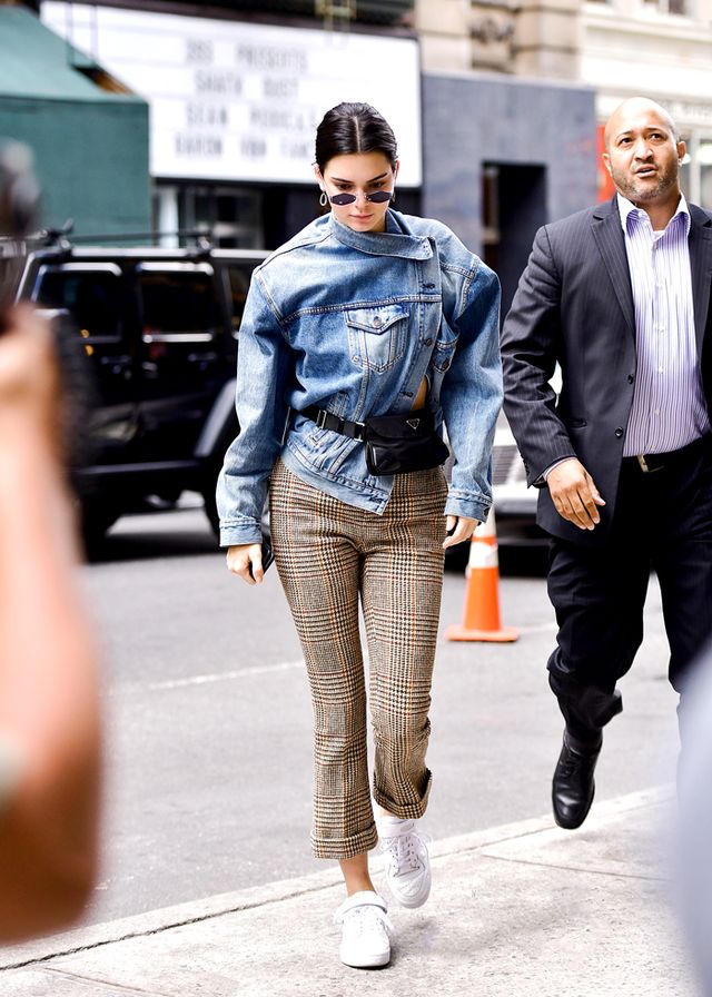 Kendall Jenner denim jacket plaid pants street style